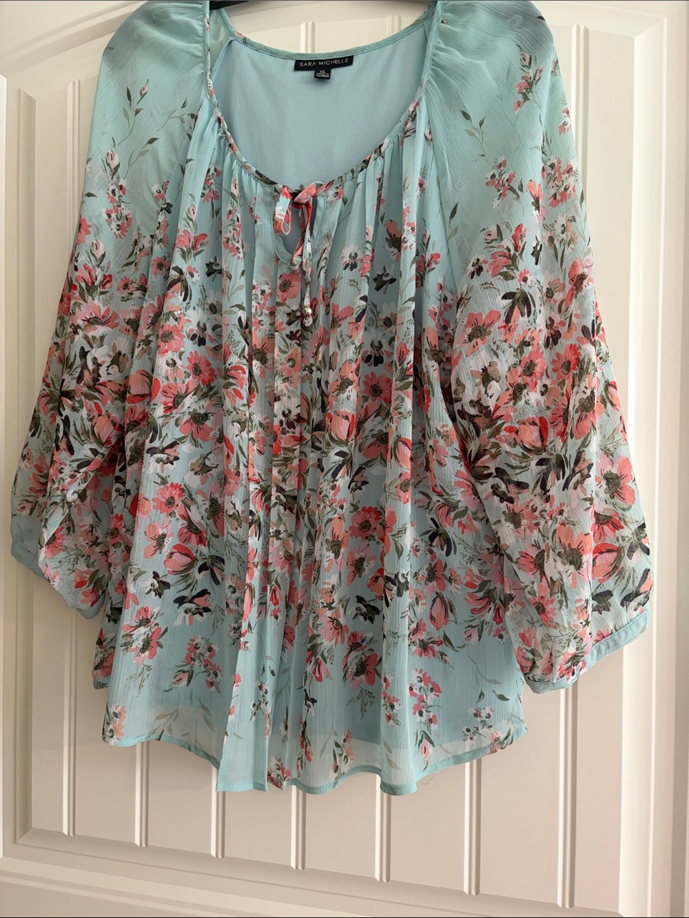 Sara Michelle Mint Blue Floral Tie-Neck Tunic